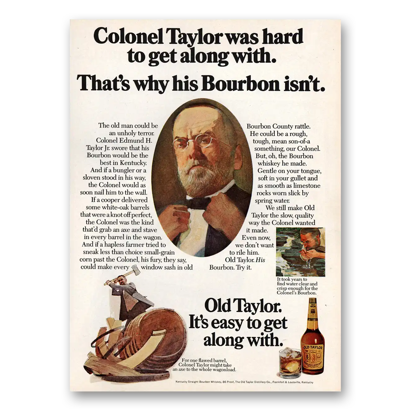 1974 Old Taylor Bourbon Whiskey Colonel Taylor Was Hard To Get Along With Vintage Magazine Print Ad