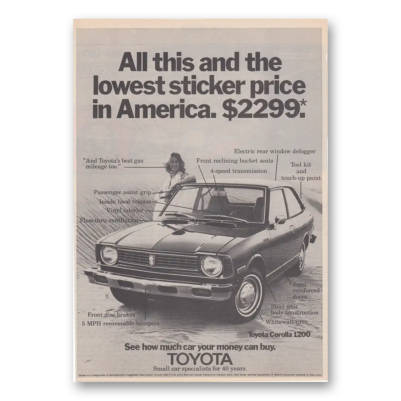 1974 Toyota Corolla Lowest Sticker Price in America Vintage Magazine Print Ad