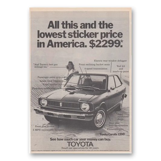 1974 Toyota Corolla Lowest Sticker Price in America Vintage Magazine Print Ad