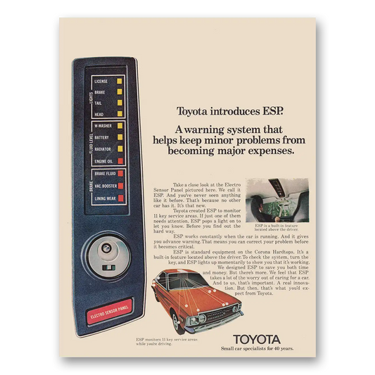 1974 Toyota Corona ESP A Warning System Vintage Magazine Print Ad