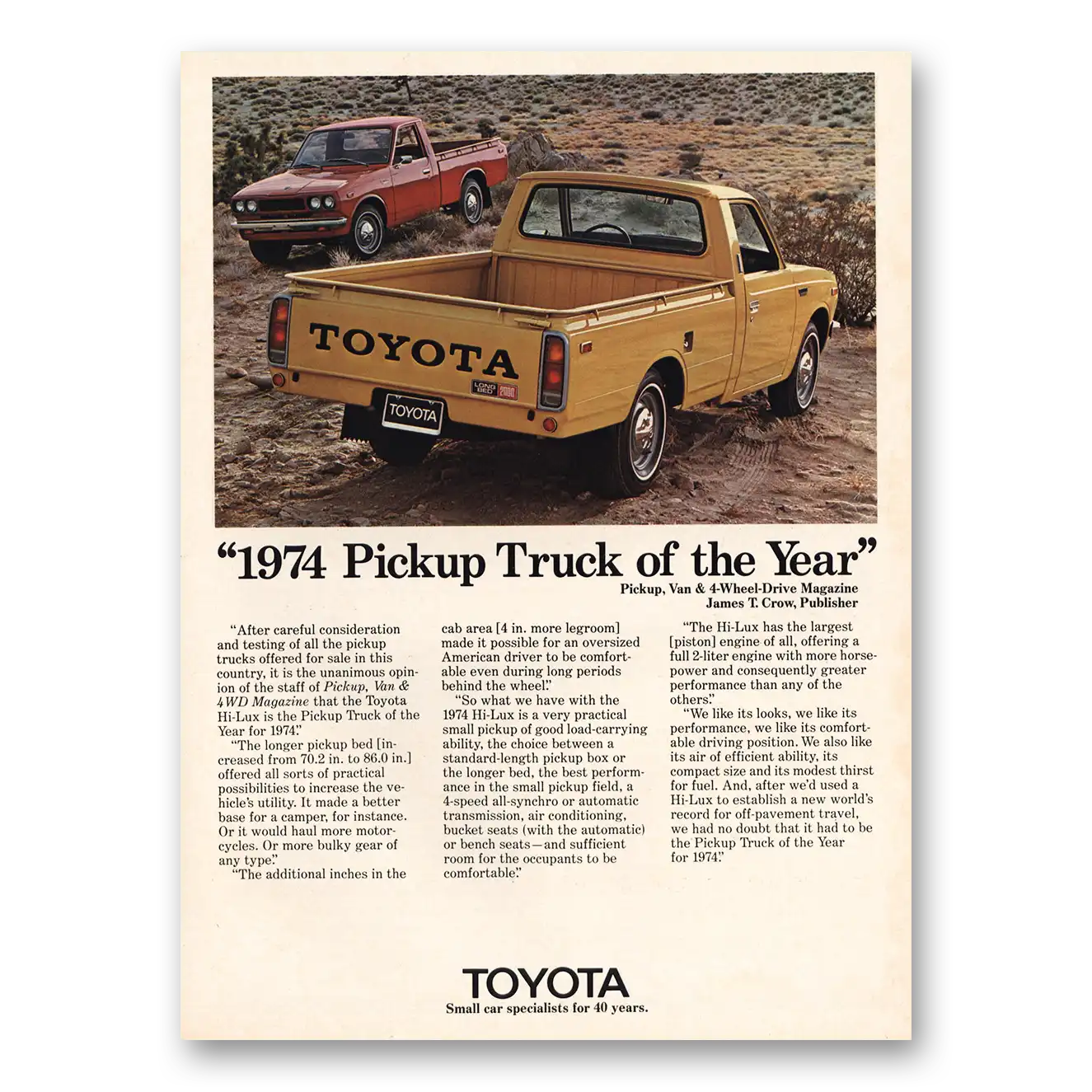 1974 Toyota Trucks Pickup Truck of the Year Vintage Magazine Print Ad