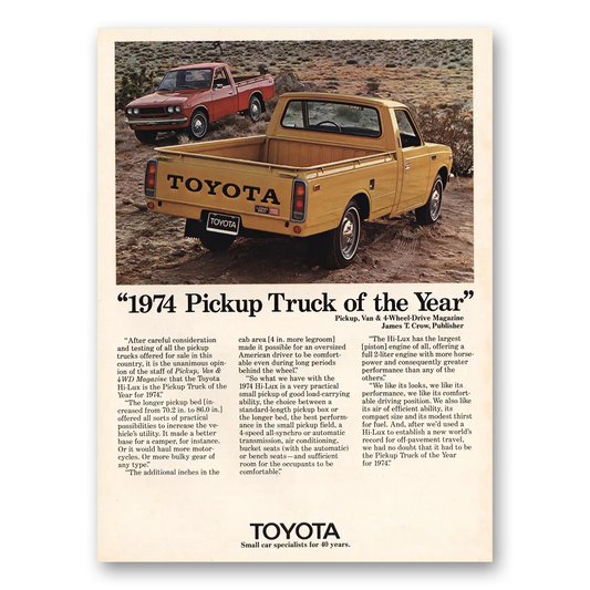 1974 Toyota Trucks Pickup Truck of the Year Vintage Magazine Print Ad