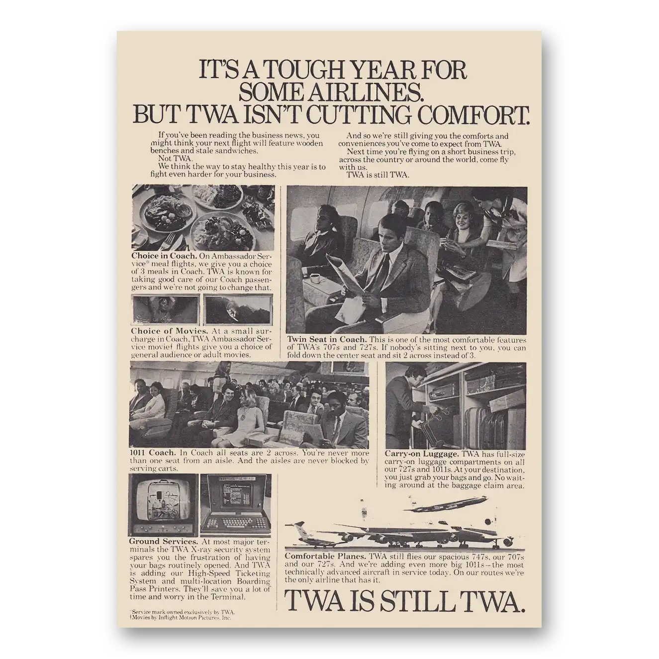 1974 TWA Airlines Tough Year for Some Airlines Vintage Magazine Print Ad