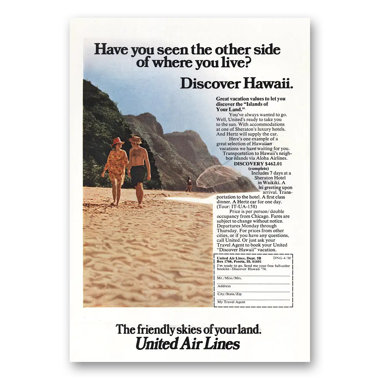 1974 United Airlines Other Side Hawaii Vintage Magazine Print Ad