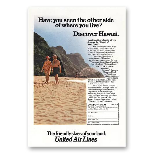 1974 United Airlines Other Side Hawaii Vintage Magazine Print Ad