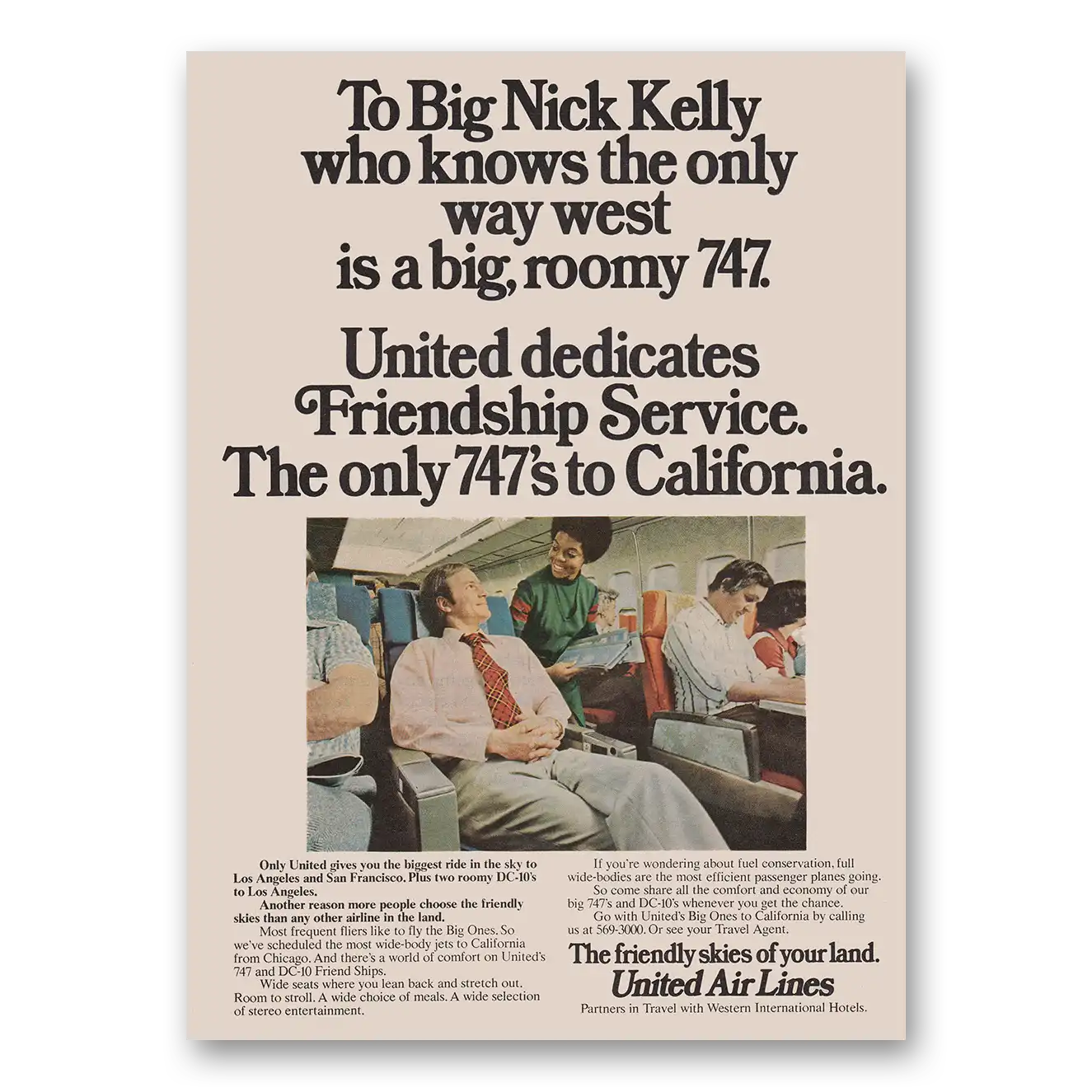 1974 United Airlines Big Nick Kelly Friendship Service Vintage Magazine Print Ad