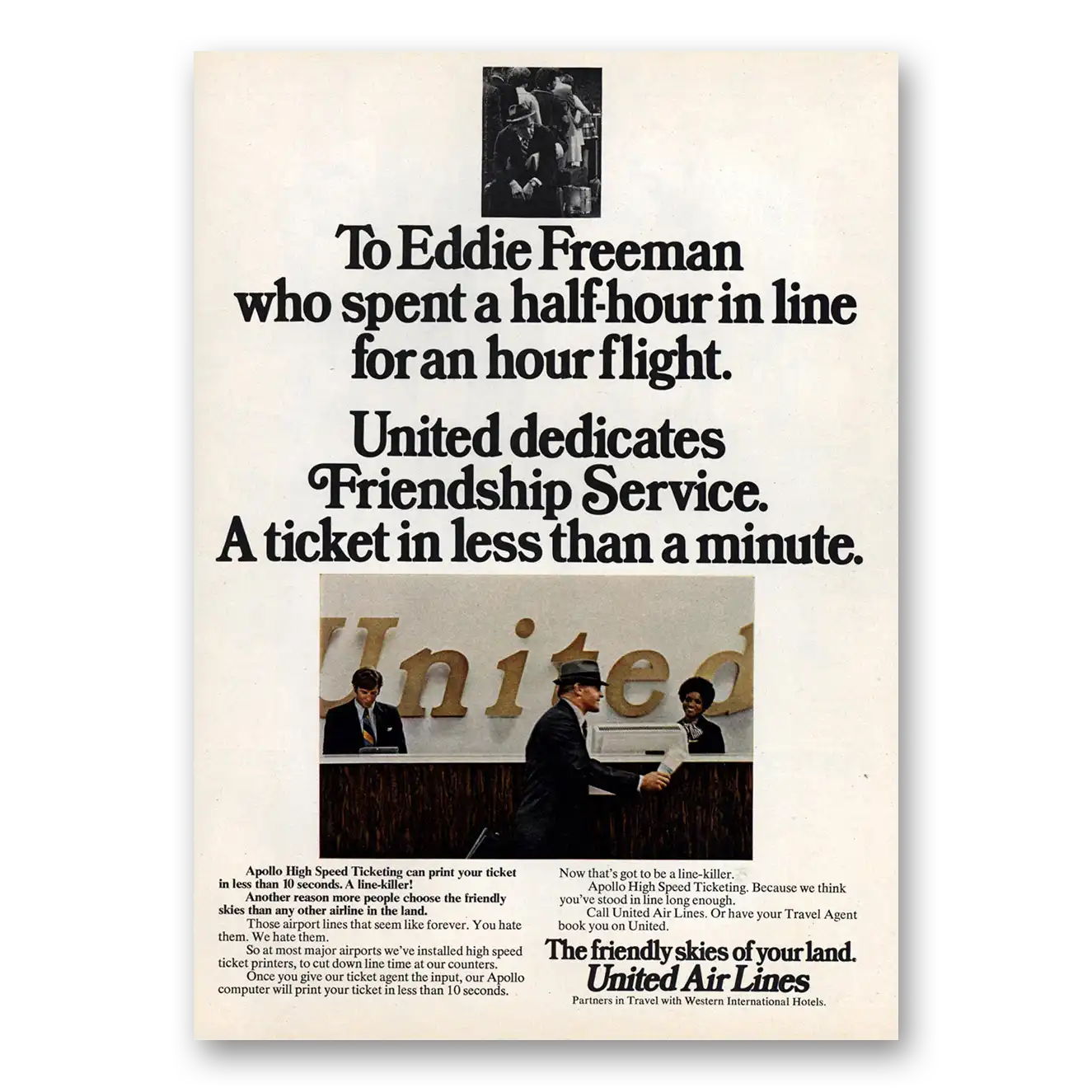 1974 United Airlines Eddie Freeman Who Spent a Half Hour In Line Vintage Magazine Print Ad