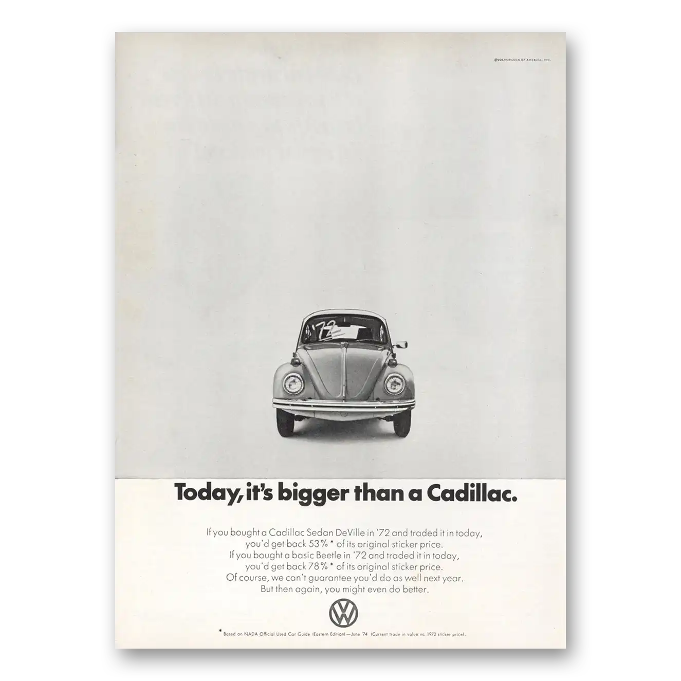 1974 Volkswagen Beetle Bigger Than a Cadillac Vintage Magazine Print Ad