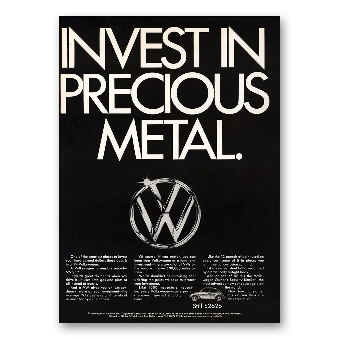 1974 Volkswagen Invest In Precious Metals Vintage Magazine Print Ad