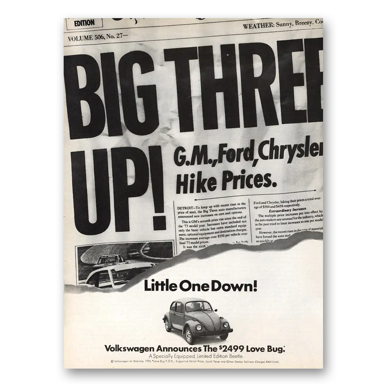 1974 Volkswagen Beetle Big Three Up Little One Down Vintage Magazine Print Ad