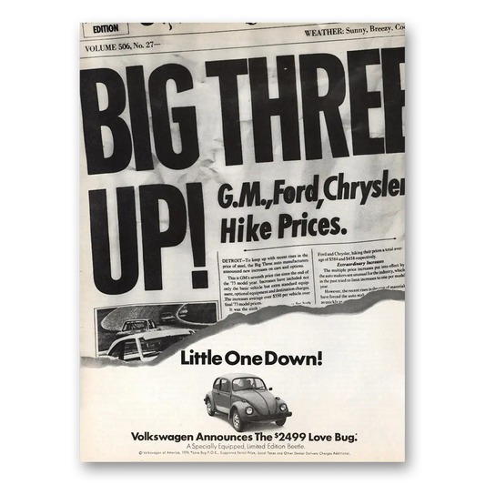 1974 Volkswagen Beetle Big Three Up Little One Down Vintage Magazine Print Ad