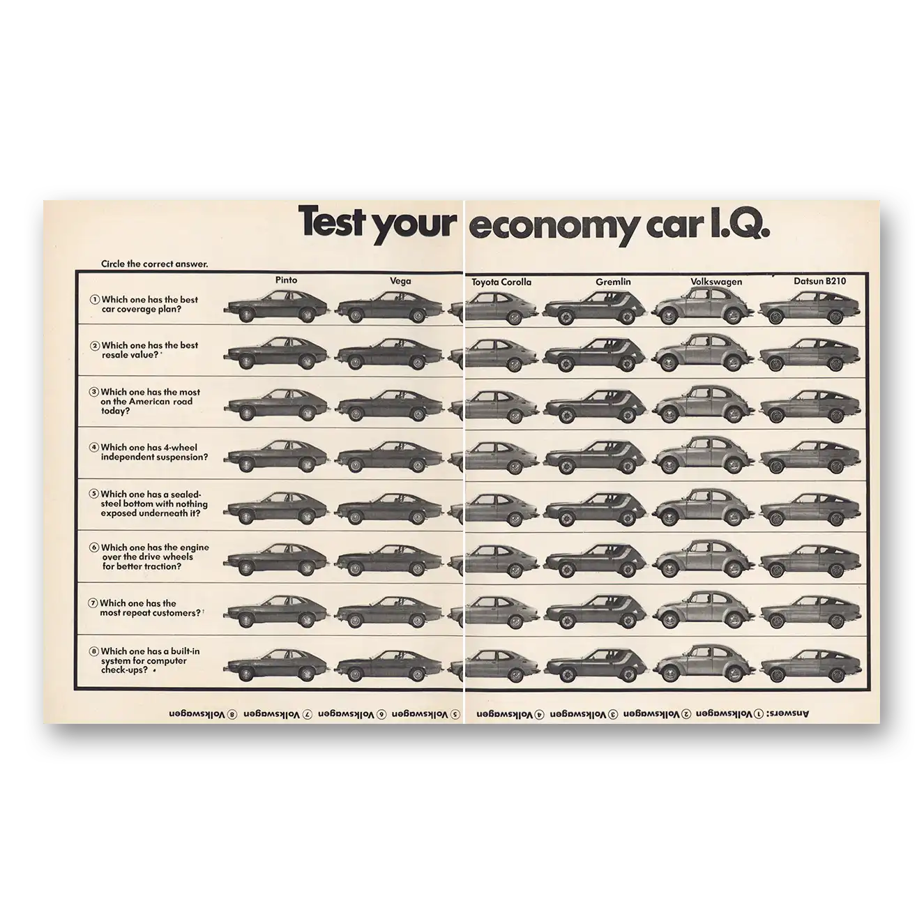 1974 Volkswagen Test Your Economy Car IQ Vintage Magazine Print Ad