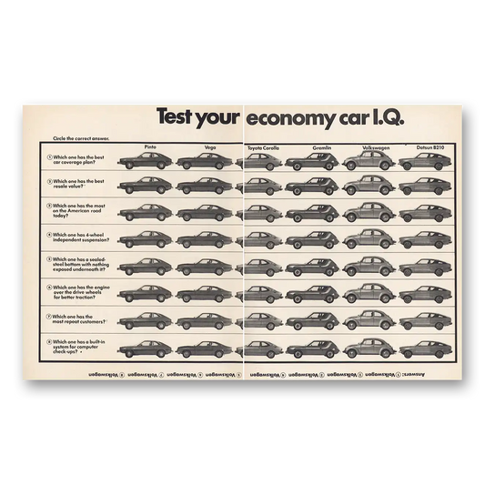 1974 Volkswagen Test Your Economy Car IQ Vintage Magazine Print Ad