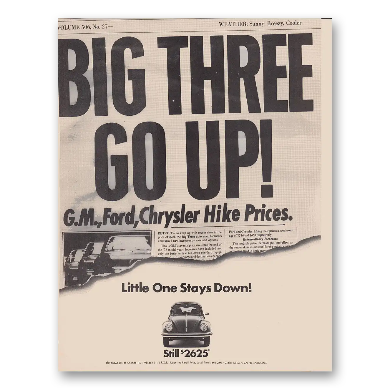 1974 Volkswagen Beetle Big Three Go Up Vintage Magazine Print Ad