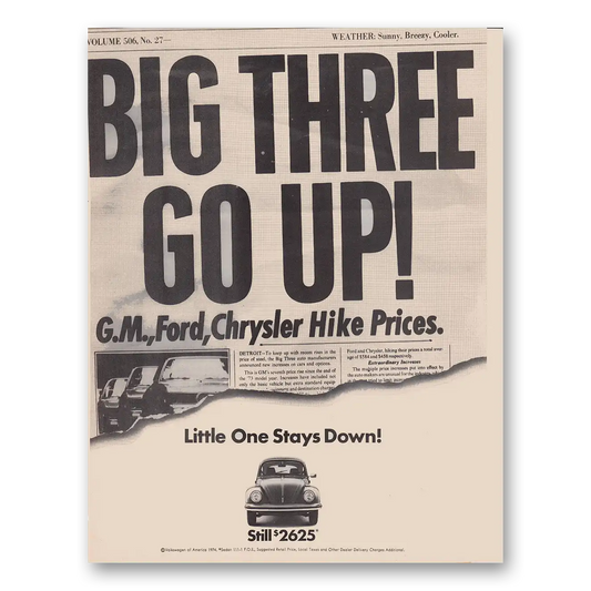 1974 Volkswagen Beetle Big Three Go Up Vintage Magazine Print Ad