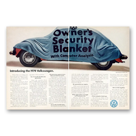 1973 Volkswagen Beetle Owners Security Blanket Vintage Magazine Print Ad