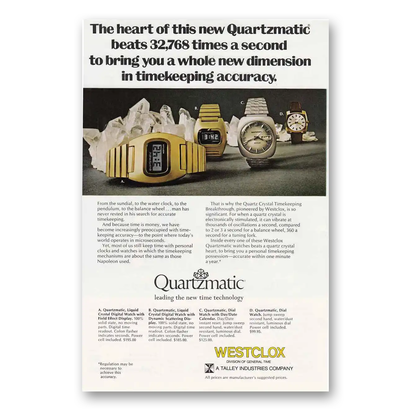 1974 Westclox Watches Quartzmatic Watch Vintage Magazine Print Ad