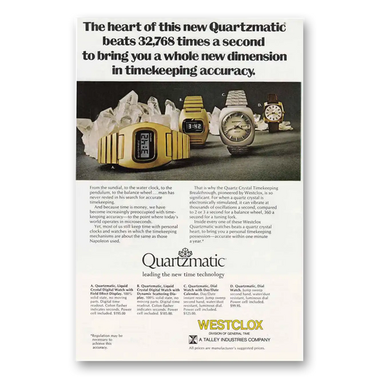 1974 Westclox Watches Quartzmatic Watch Vintage Magazine Print Ad