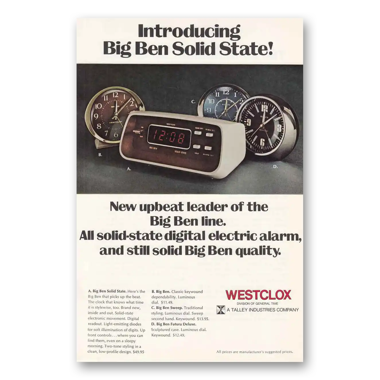 1974 Westclox Clocks Big Ben Solid State Vintage Magazine Print Ad