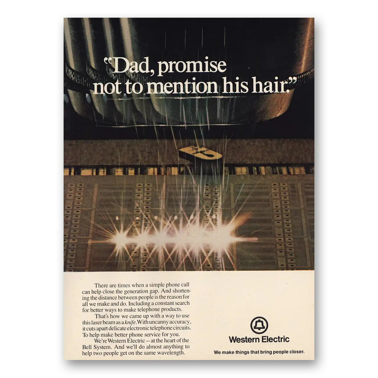 1974 Western Electric Dad Promise Not to Mention His Hair Vintage Magazine Print Ad