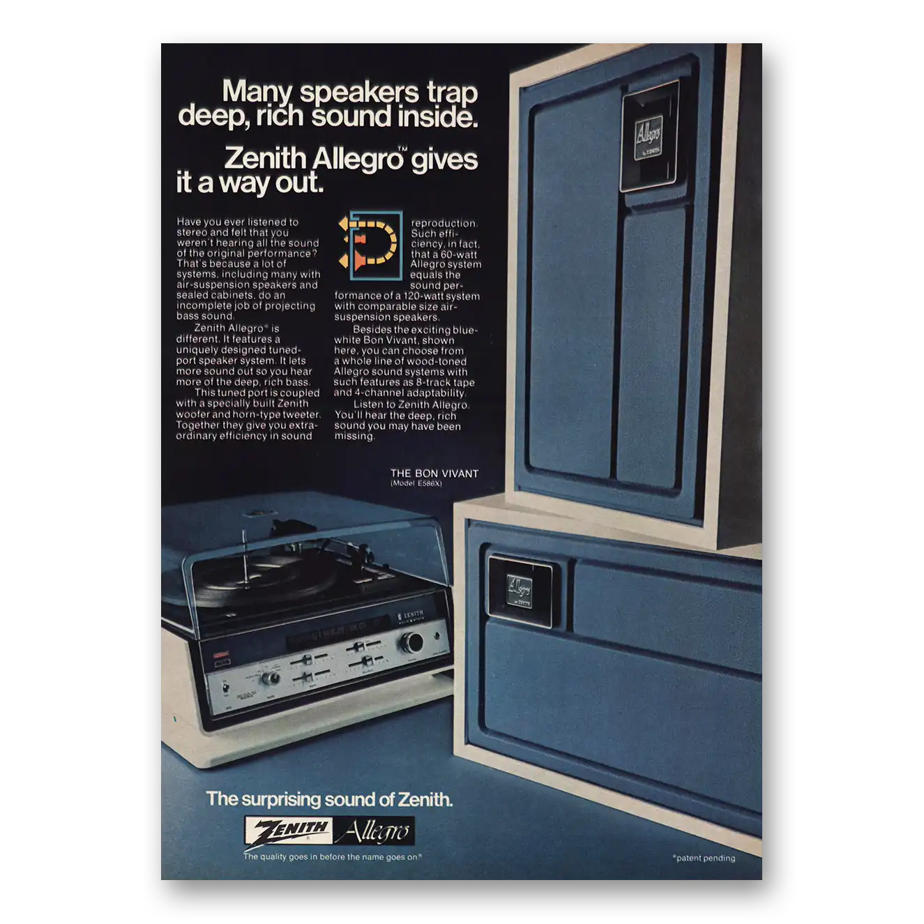 1974 Zenith Stereo Allegro Stereo Speakers Traps Deep Rich Sound Vintage Magazine Print Ad