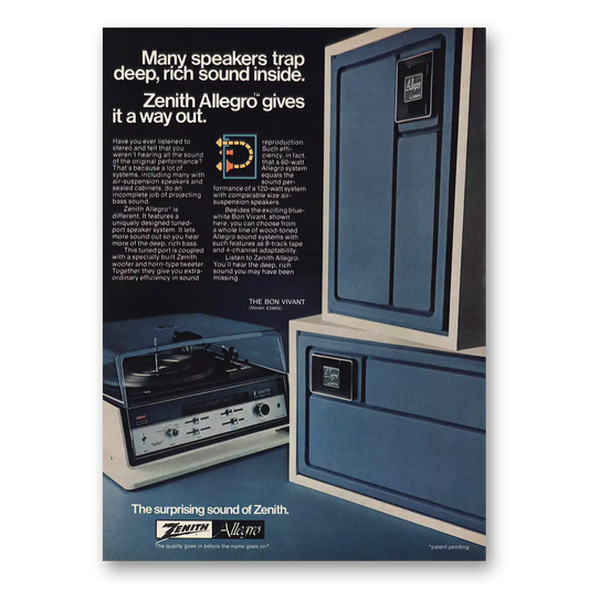 1974 Zenith Stereo Allegro Stereo Speakers Traps Deep Rich Sound Vintage Magazine Print Ad