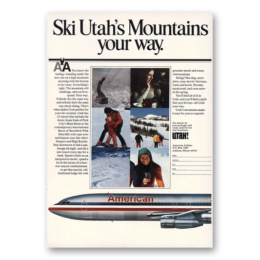 1975 American Airlines Ski Utahs Mountains Vintage Magazine Print Ad