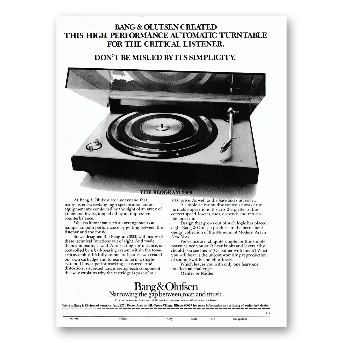 1975 Bang and Olufsen High Performance Automatic Turntable Vintage Magazine Print Ad