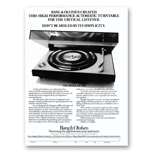 1975 Bang and Olufsen High Performance Automatic Turntable Vintage Magazine Print Ad