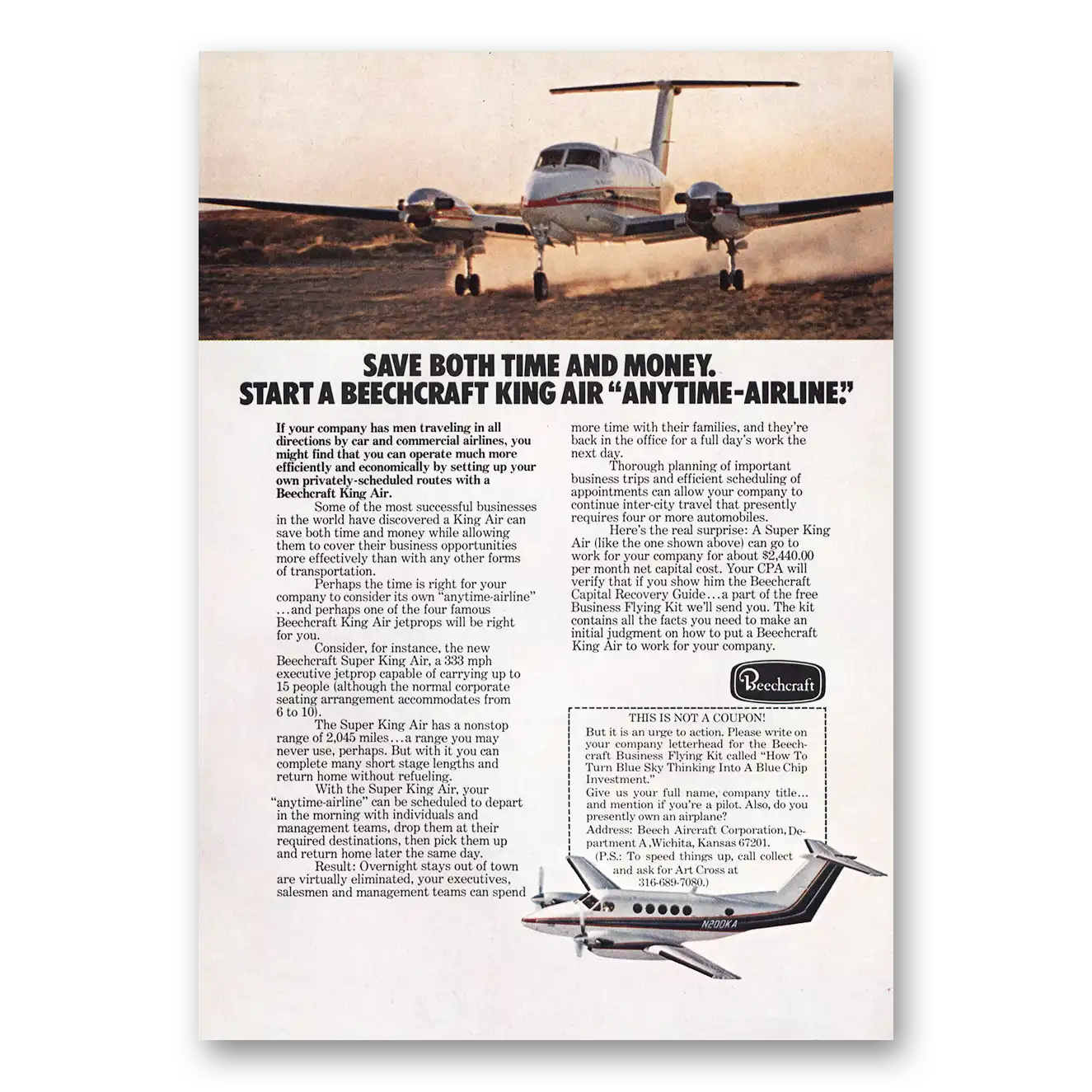 1975 Beechcraft King Air Anytime Airline Vintage Magazine Print Ad