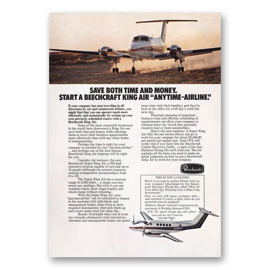 1975 Beechcraft King Air Anytime Airline Vintage Magazine Print Ad