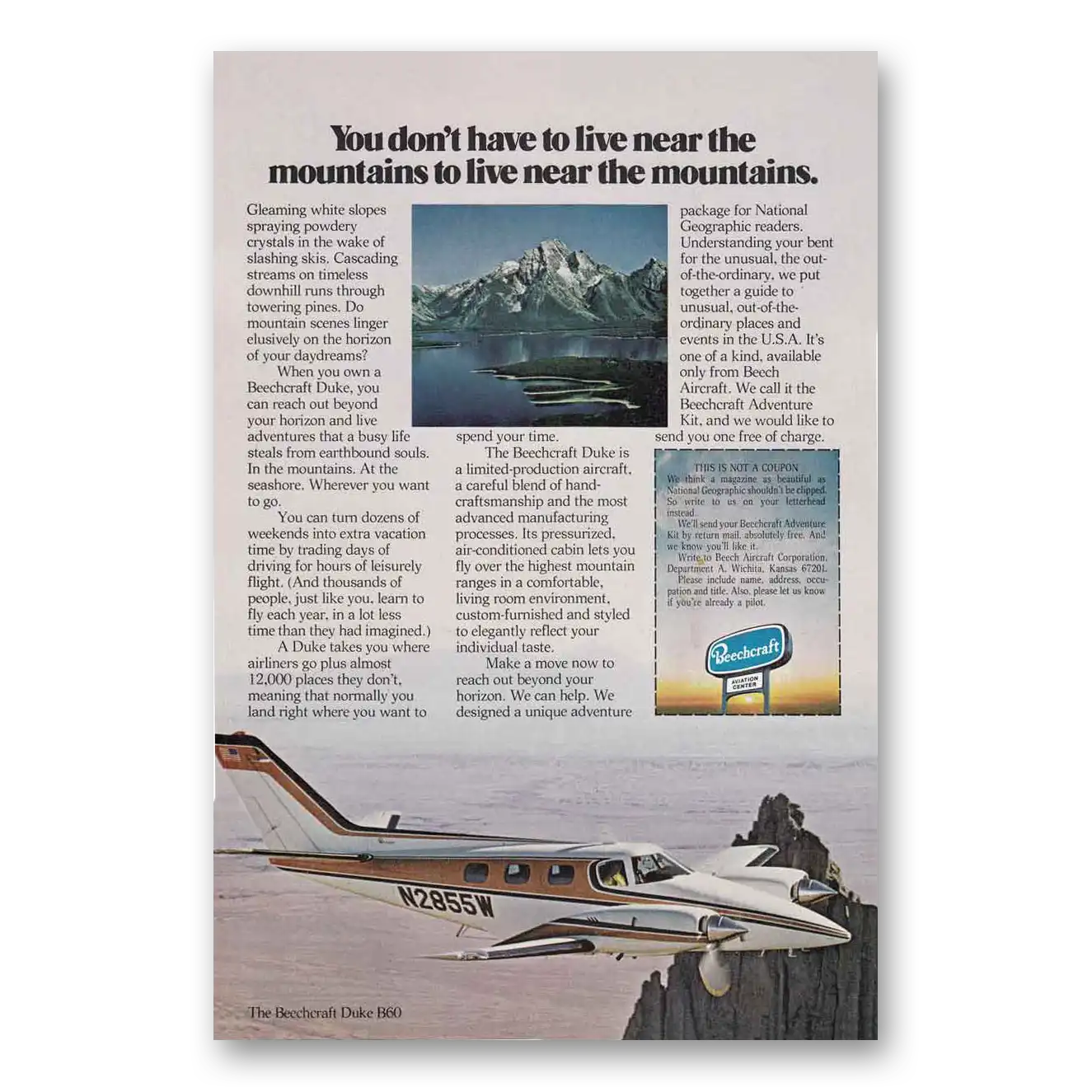 1976 Beechcraft Duke Live Near the Mountains Vintage Magazine Print Ad