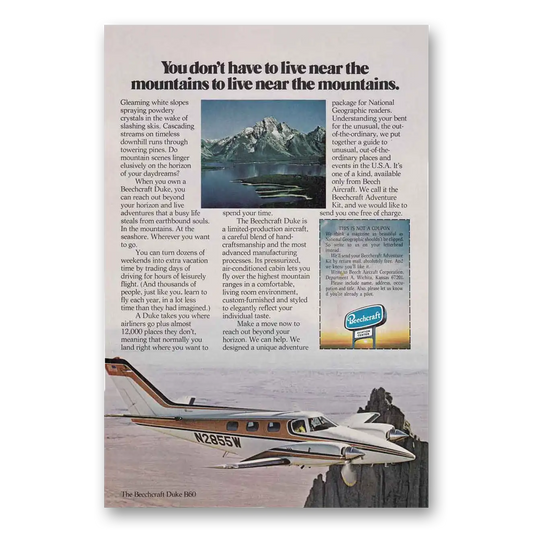 1976 Beechcraft Duke Live Near the Mountains Vintage Magazine Print Ad