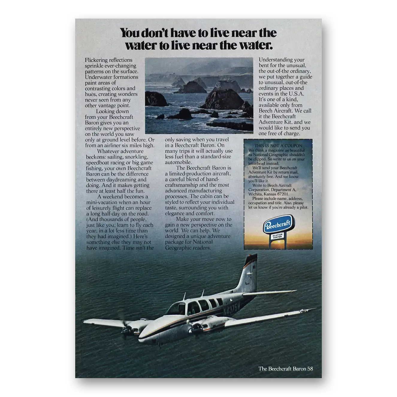 1975 Beechcraft Baron Live Near the Water Vintage Magazine Print Ad