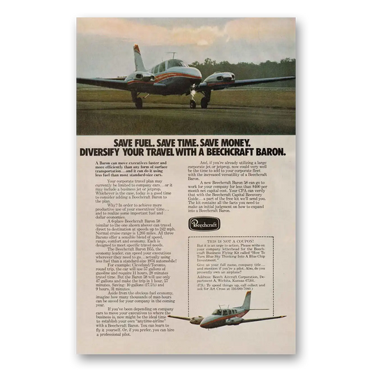 1975 Beechcraft Baron Save Fuel Save Time Vintage Magazine Print Ad