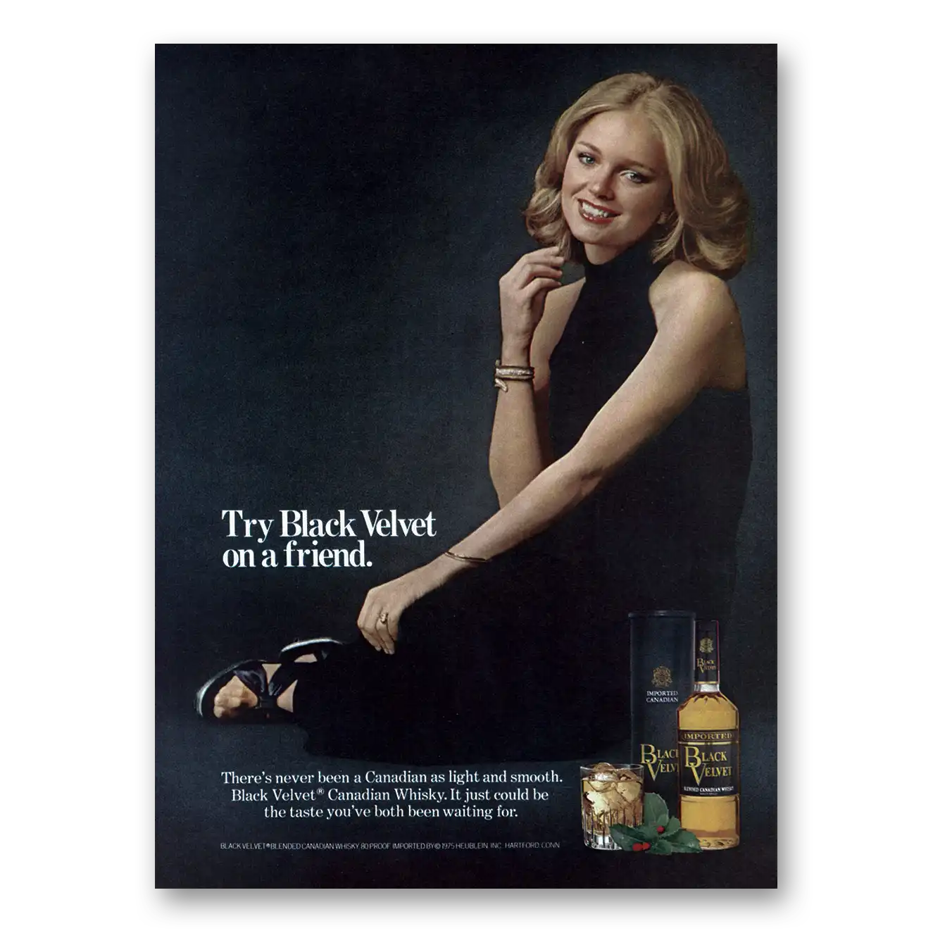 1975 Black Velvet Whisky Try On a Friend Vintage Magazine Print Ad