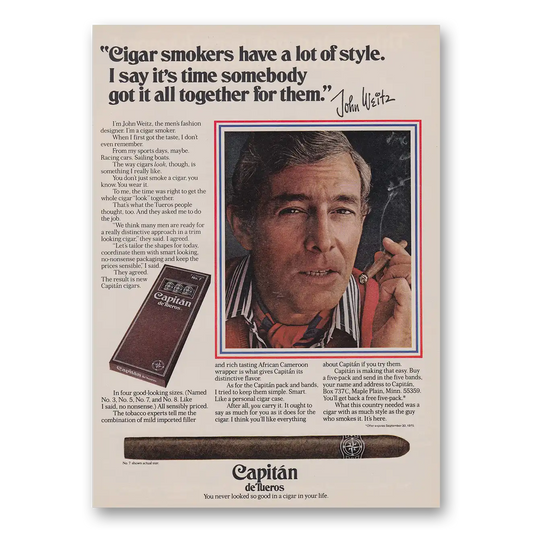 1975 Capitan de Tueros Capitan Cigars John Weitz Vintage Magazine Print Ad