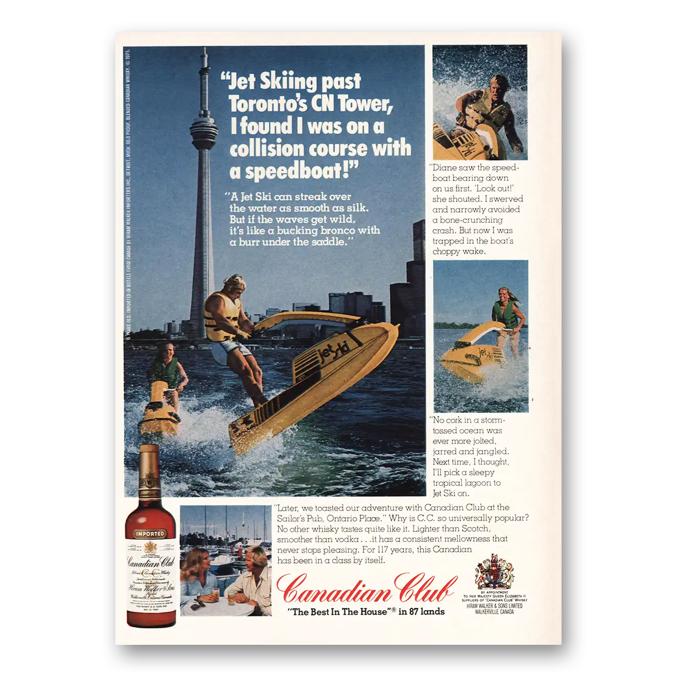 1975 Canadian Club Jet Skiing Toronto CN Tower Vintage Magazine Print Ad