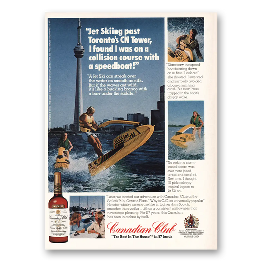 1975 Canadian Club Jet Skiing Toronto CN Tower Vintage Magazine Print Ad