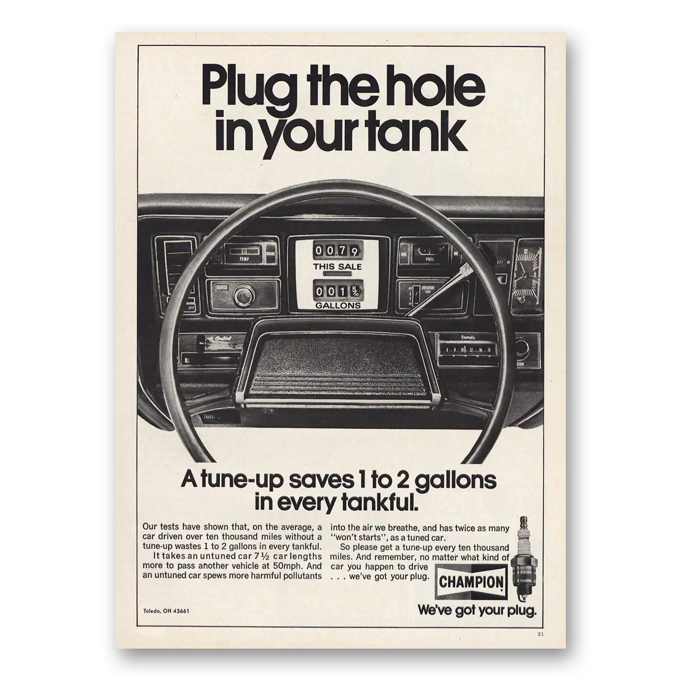 1975 Champion Spark Plugs Plug the Hole In Your Tank Vintage Magazine Print Ad