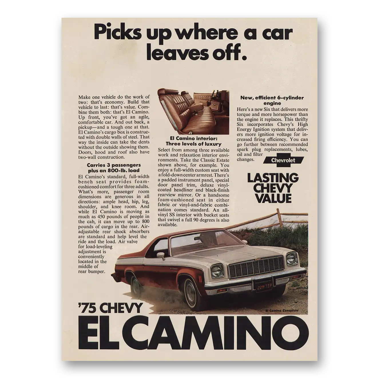 1975 Chevrolet El Camino Picks Up Car Leaves Off Vintage Magazine Print Ad