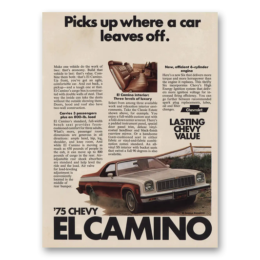 1975 Chevrolet El Camino Picks Up Car Leaves Off Vintage Magazine Print Ad