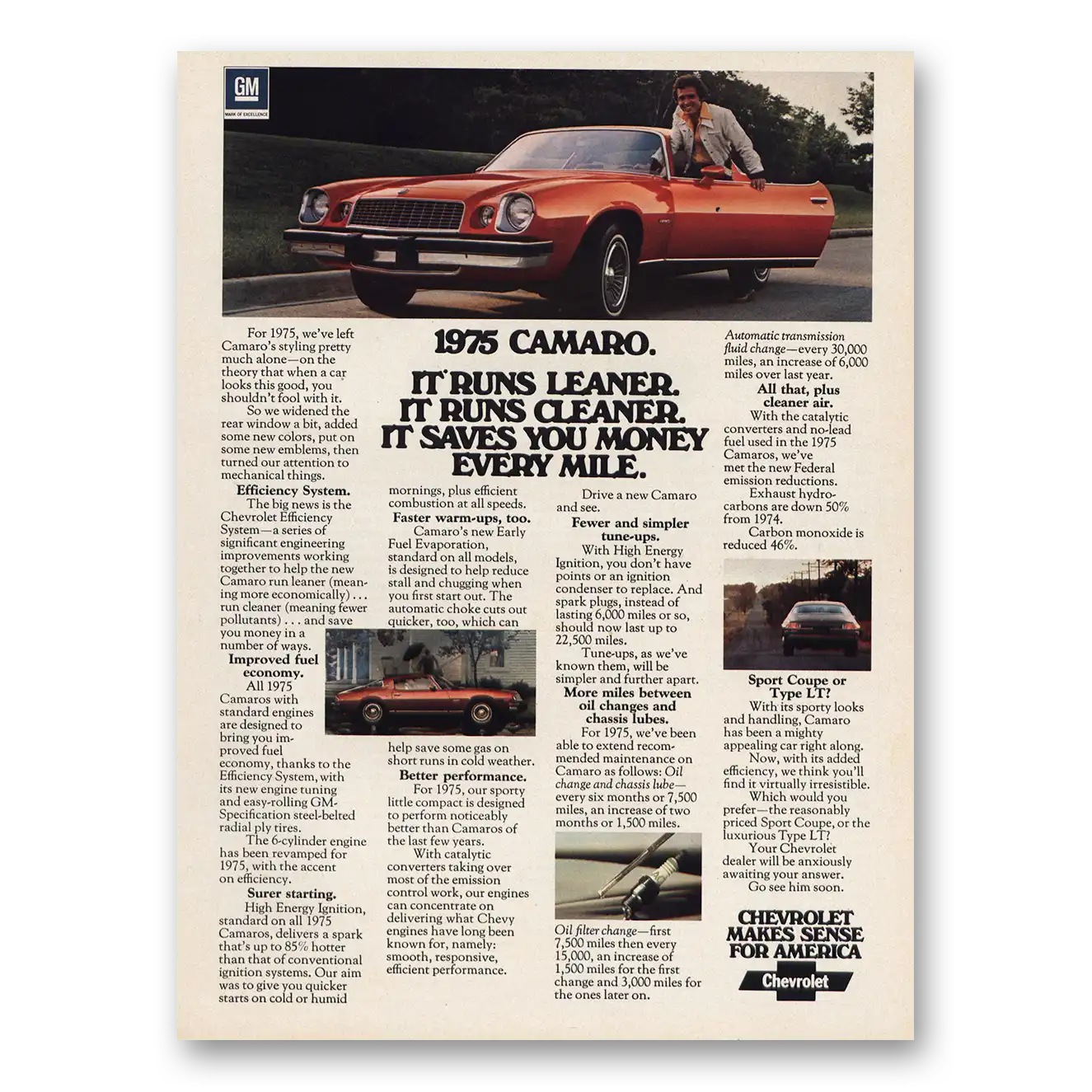 1975 Chevrolet Camaro Runs Leaner Runs Cleaner Vintage Magazine Print Ad