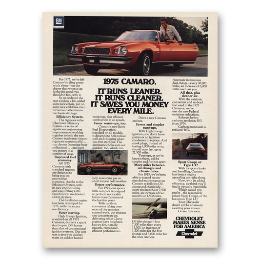 1975 Chevrolet Camaro Runs Leaner Runs Cleaner Vintage Magazine Print Ad