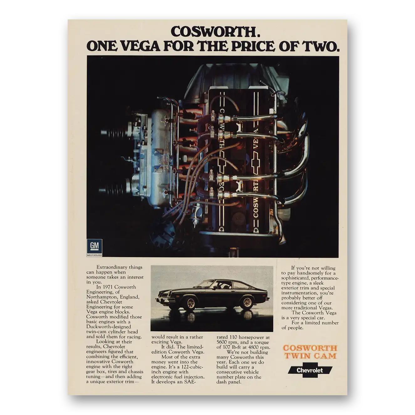 1975 Chevrolet Vega Cosworth One Vega Price of Two Vintage Magazine Print Ad