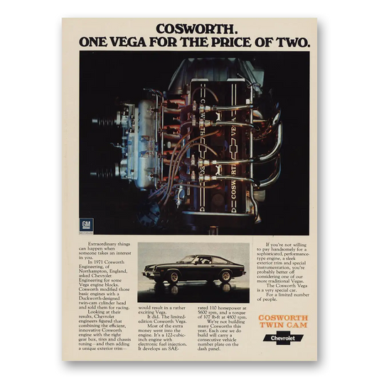 1975 Chevrolet Vega Cosworth One Vega Price of Two Vintage Magazine Print Ad