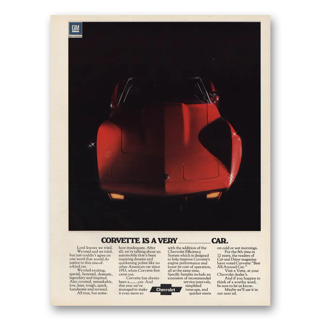 1975 Chevrolet Corvette Very Blank Car Vintage Magazine Print Ad