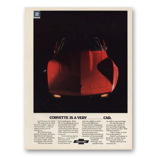 1975 Chevrolet Corvette Very Blank Car Vintage Magazine Print Ad