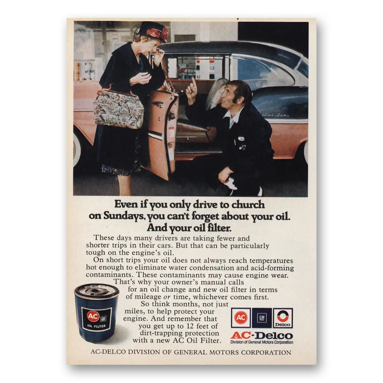 1975 AC Oil Filter Even If You Only Drive to Church Vintage Magazine Print Ad