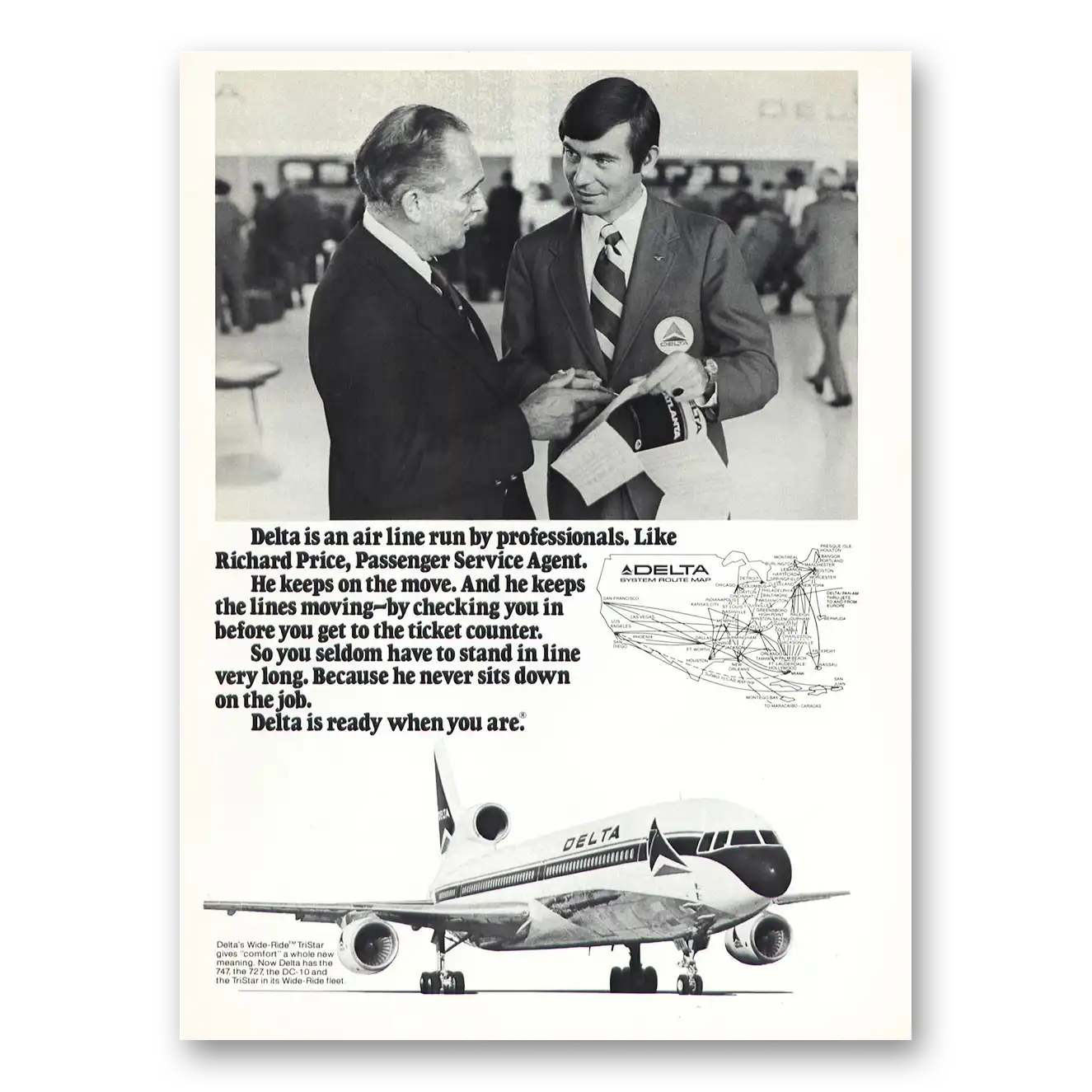 1975 Delta Air Lines Richard Price Passenger Service Vintage Magazine Print Ad